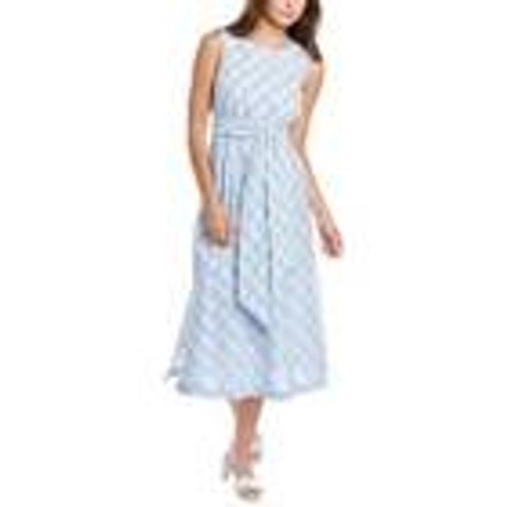 Anne Klein Seersucker Midi Dress Size 6 - Blue and White Gingham Style w/ Sash - Picture 1 of 14